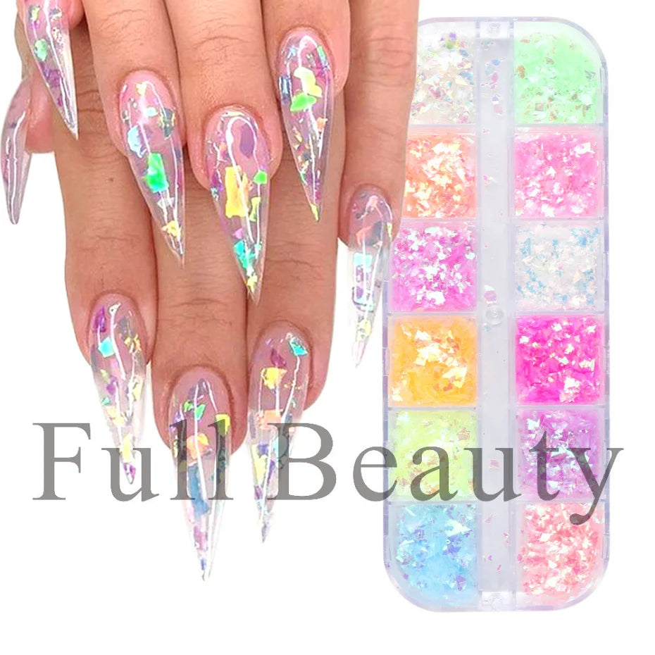 12 Grids Nail Art Glitter Luminous Irregular Flakes Broken Glass Sequins Powder Iridescent UV Gel Polish Nail Decoration NFSP