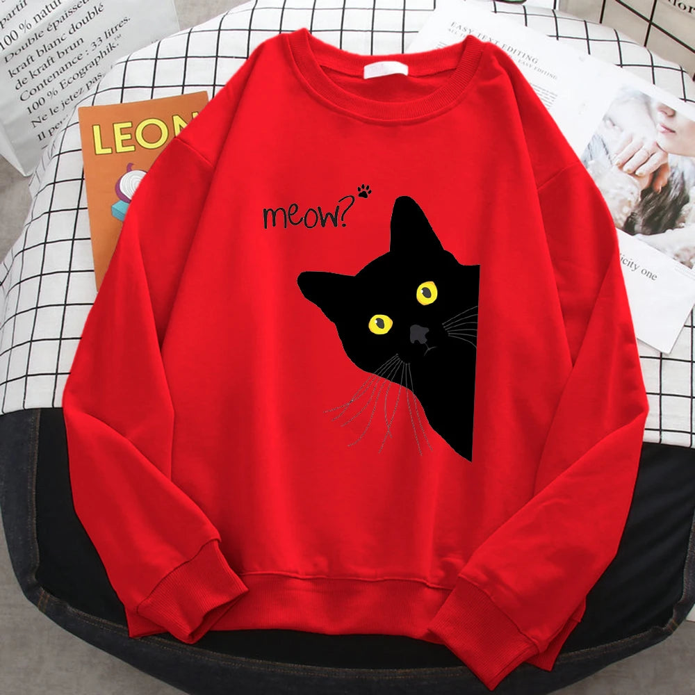 Winter Harajuku Woman Sweatshirt Meow Black Cat Printing Hoodies Comfortable All-Math Pullover Crewneck Loose Female Clothes