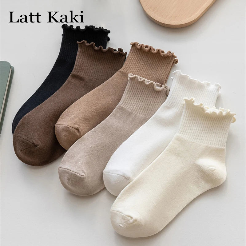 3 Pairs/Lot Cute Socks For Women New Japanese Style Breathable Girls Short Socks Kawaii Solid Socks Frilly Ruffle Socks Casual