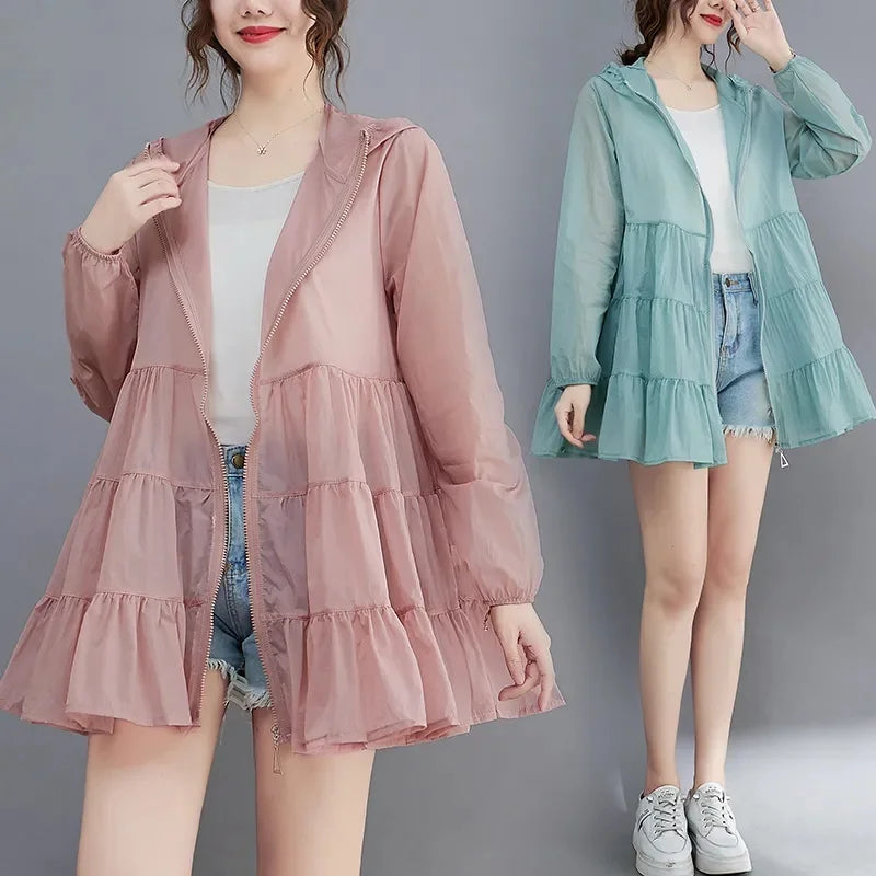 2023 Summer Thin Windbreaker New Sunscreen Clothes Mid-Long Female Breathable Shirt Oversize Jacket With Hooded Female Outerwear