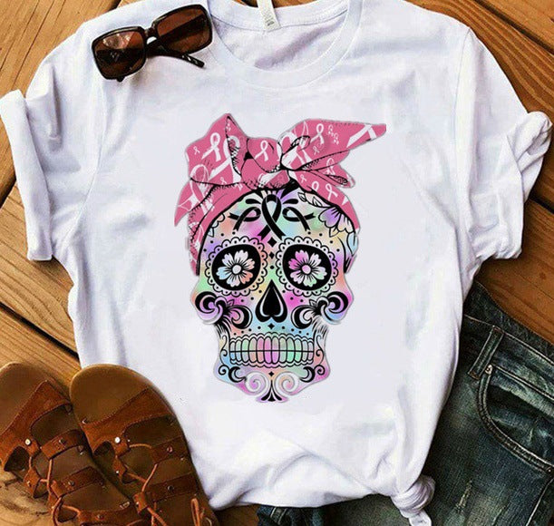 With Scarf Colorful Skull Head Print T Shirt Women Short Sleeve O Neck Loose Tshirt Women Causal Tee Shirt Tops Camisetas Mujer