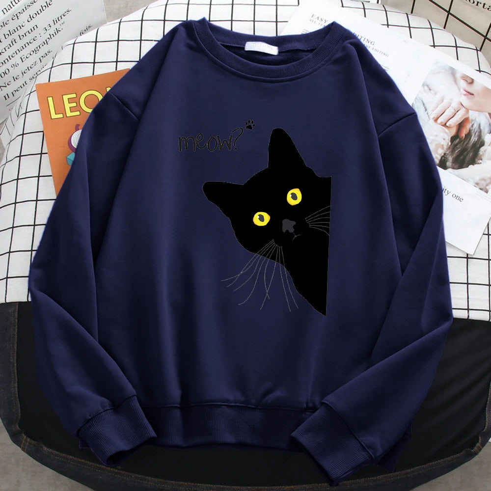 Winter Harajuku Woman Sweatshirt Meow Black Cat Printing Hoodies Comfortable All-Math Pullover Crewneck Loose Female Clothes