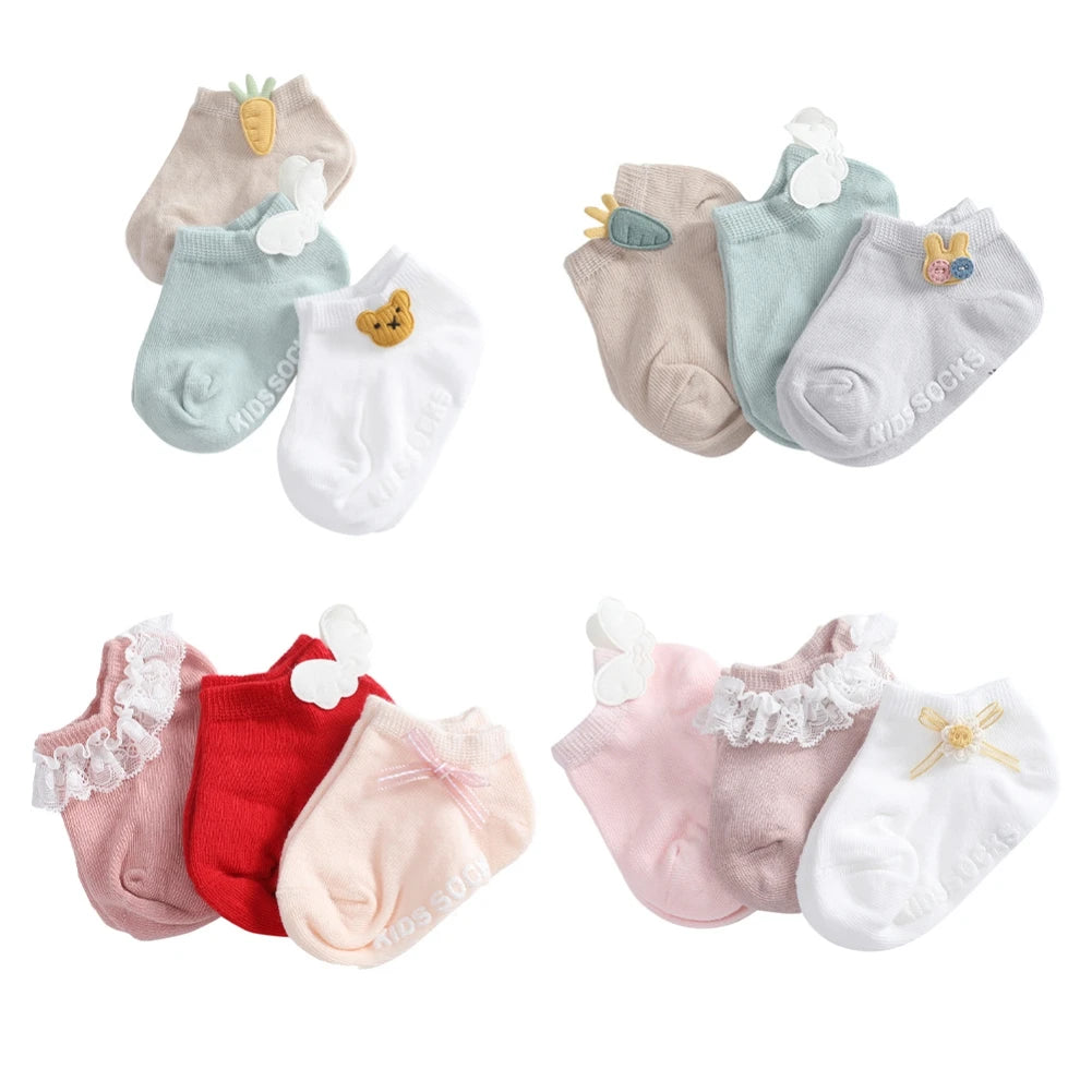 3PCS Spring Summer Baby Socks Solid Color Infant Baby Floor Socks for Boys Girls Bow Lace Cotton Anti-slip Boat Sock 0-5Years