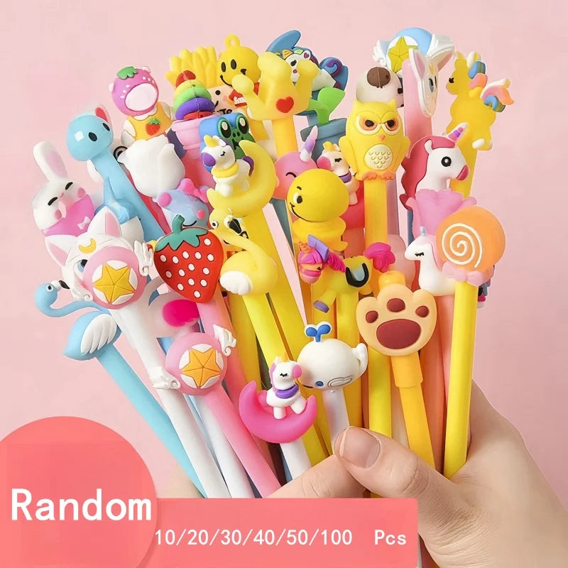 Wholesale 10/50/100pcs Kawaii Cartoon Gel Ink Pens Writing Pens 0.5mm Black Stationery For Office School Student Children Gift