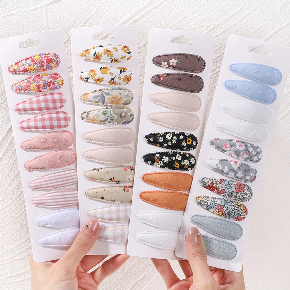 10Pcs/Set Newborn Print Cotton Alloy Hair Bow Snap Clips Fabric Plaid Hairpins Girl Kid Headwear Baby Hair Accessories Wholesale