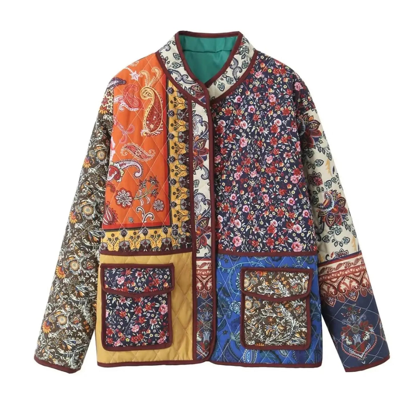 2023 Autumn Winter Contrast Color Flower Print Stand neck Quilted Coat Ethnic Women Quilting Loose Jacket Retro Outerwear