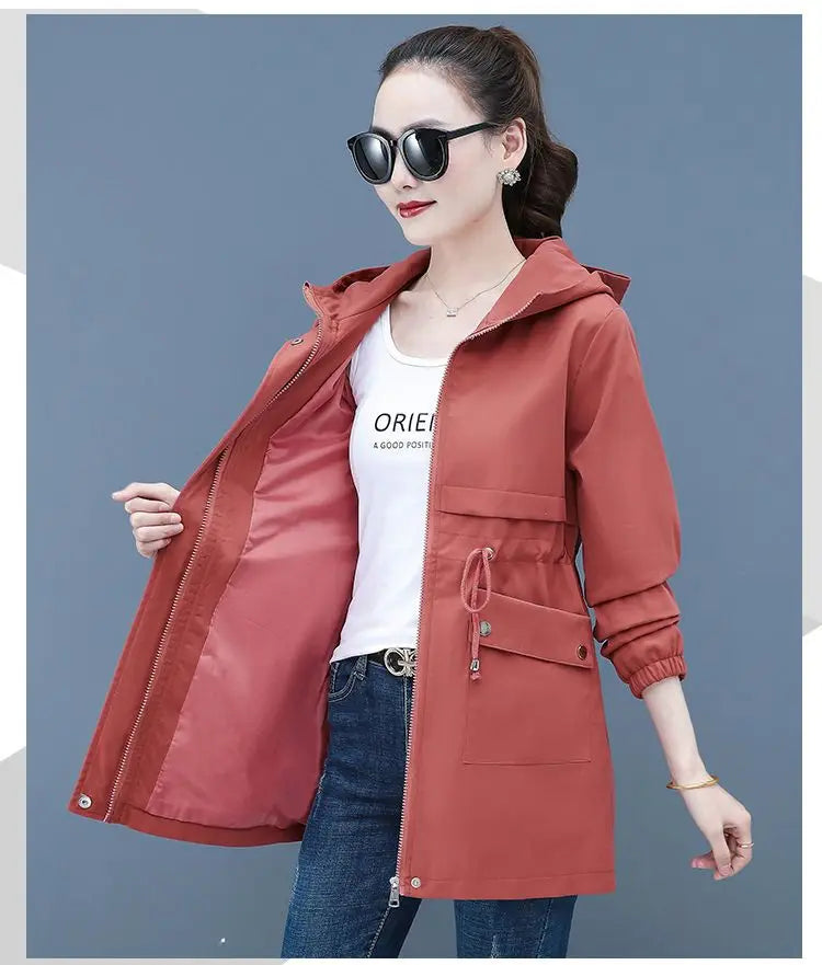 2023 New Spring Autumn Women Jackets Hooded Windbreaker Basic Coat Long Coats Lightweight Outerwear Famale Cardigan Clothing