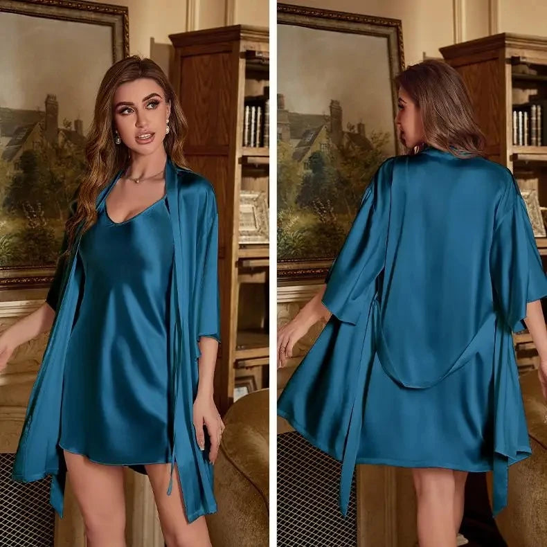 2PC Robe Suit Women Rayon Bathrobe Gown Sleep Set Summer Homewear Sleepdress Casual Kimono Sleepwear Nightgown