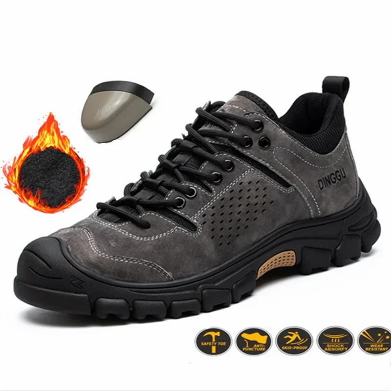 Genuine Leather Work Boots Winter Men Safety Shoes Plus Velvet Warmth Non-slip Steel Toe Cap Indestructible Work Shoes Designer