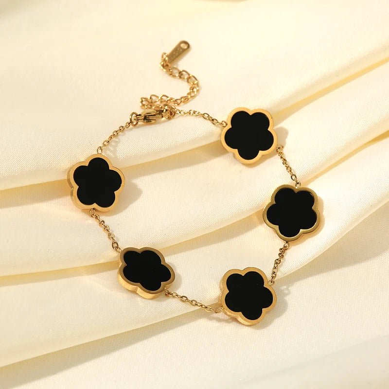 GANEMLY 316L Stainless Steel Black Five Leaf Clover Bracelets For Women New Trendy Waterproof Wrist Chain Jewelry Girls Gift