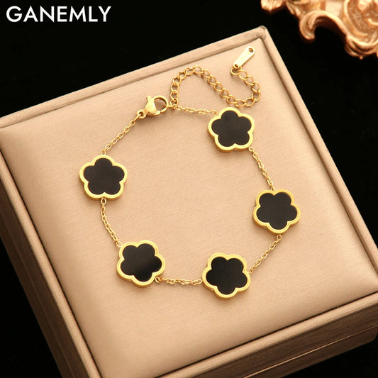 GANEMLY 316L Stainless Steel Black Five Leaf Clover Bracelets For Women New Trendy Waterproof Wrist Chain Jewelry Girls Gift