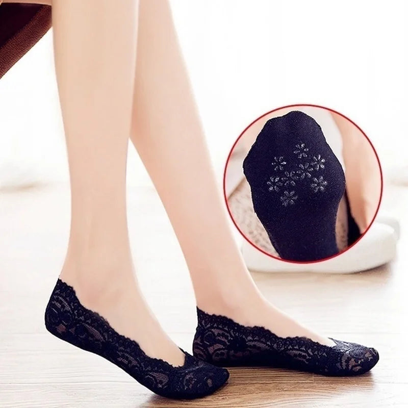 10pcs Lace Flower Sock Slippers Women Summer Breathable Silicone Non-slip Ankle Invisible Slipper Hollow Boat Socks Ballet Sox