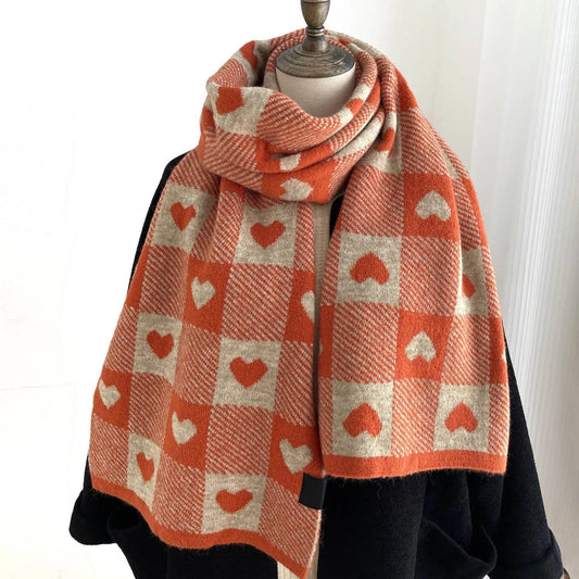 Winter Shawl Retro Plaid Pashmina Knitted Wool Women's Scarf Black and White Heart Pattern Scarves for Female Thicken Cashmere