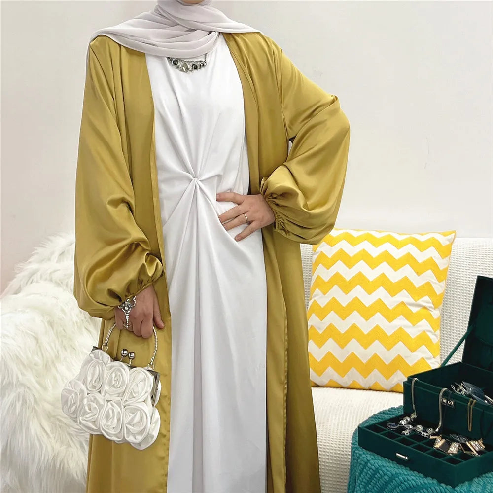 Ramadan Eid Fashion Silky Satin Muslim Abayas Robe Musulmane Abaya Cardigan Muslim Arab Worship Service Clothing Wy836