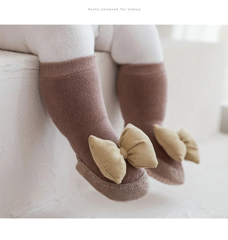 1 Pair Newborn Sock Shoes Korean Fashion Bowknot Non-slip Floor Calf Sock Shoes for Baby Girl Autumn Winter Cotton First Walker