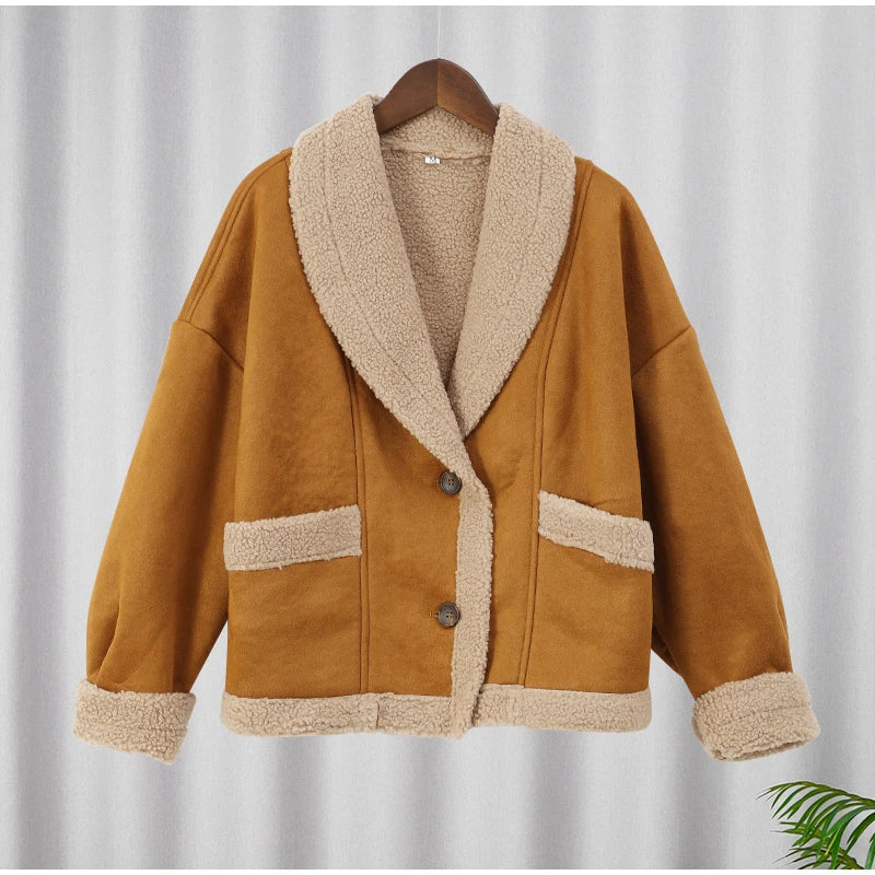 Women Chic Lapel Lamb Wool Patchwork Coat Casual Button With Pocket Thickened Jacket 2024 Autumn Winter New Lady Retro Outerwear