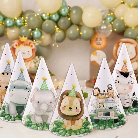 8pcs/set Carton Animal Paper Hat Tiger Lion Party Hats For Kids Jungle Safari Happy Birthday Decoration Baby Shower Supplies