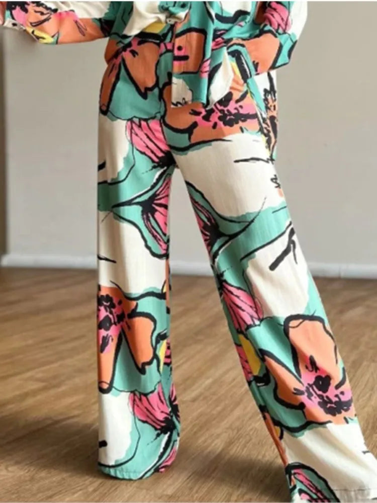 2023 Long Pant Sets Print Shirt Two Piece Set For Women Loose Wide Legs Trousers Suits Fashion Casual Long Sleeve Two Piece Suit