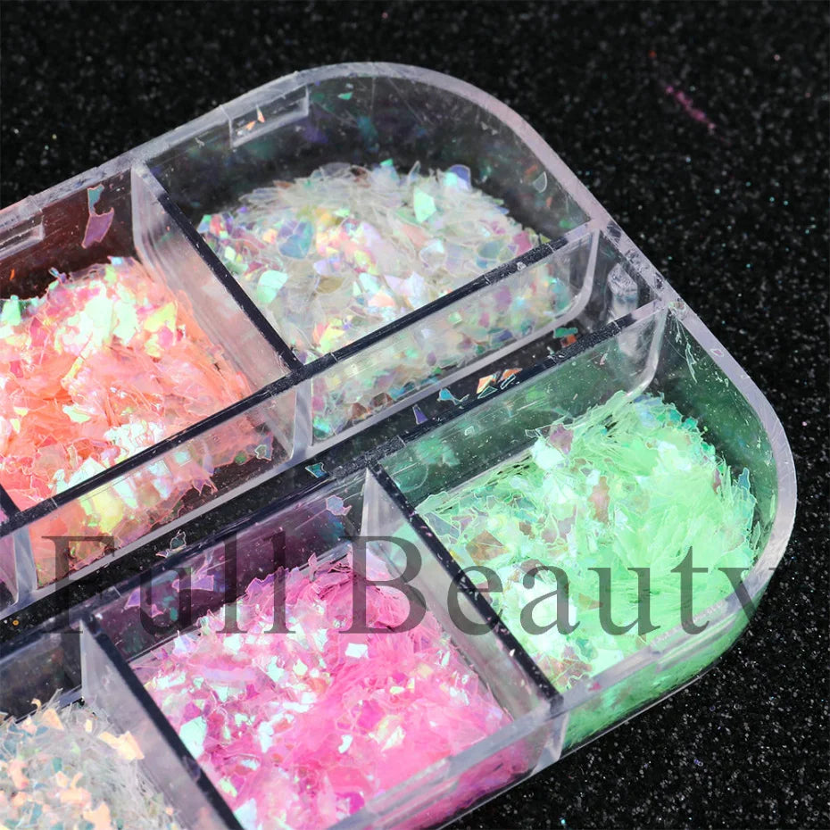 12 Grids Nail Art Glitter Luminous Irregular Flakes Broken Glass Sequins Powder Iridescent UV Gel Polish Nail Decoration NFSP