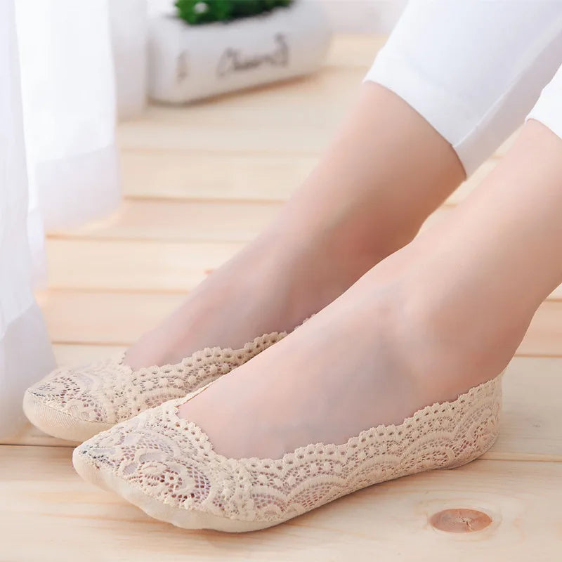 10pcs Lace Flower Sock Slippers Women Summer Breathable Silicone Non-slip Ankle Invisible Slipper Hollow Boat Socks Ballet Sox