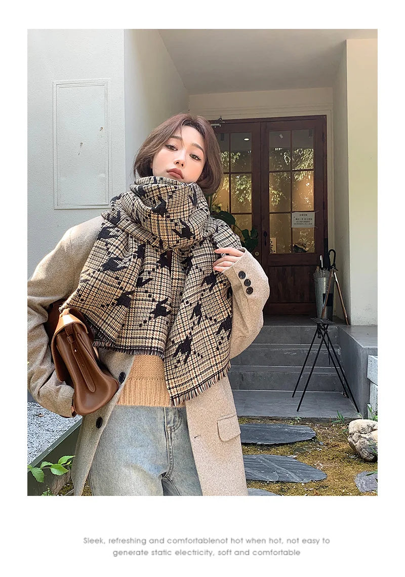 Fashion Brand Cashmere Scarf Women Winter Autumn Houndstooth Plaid Long Pashmina Cold Day Double-sided Tassel Thick Shawl Ladies