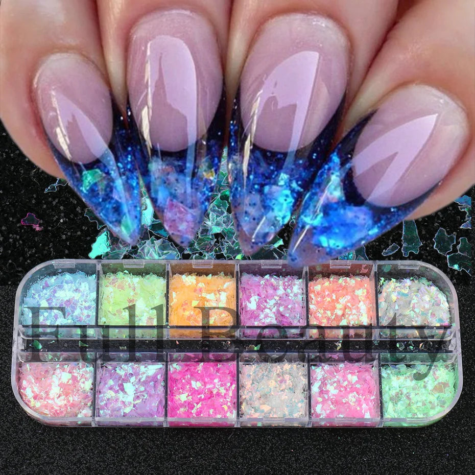 12 Grids Nail Art Glitter Luminous Irregular Flakes Broken Glass Sequins Powder Iridescent UV Gel Polish Nail Decoration NFSP