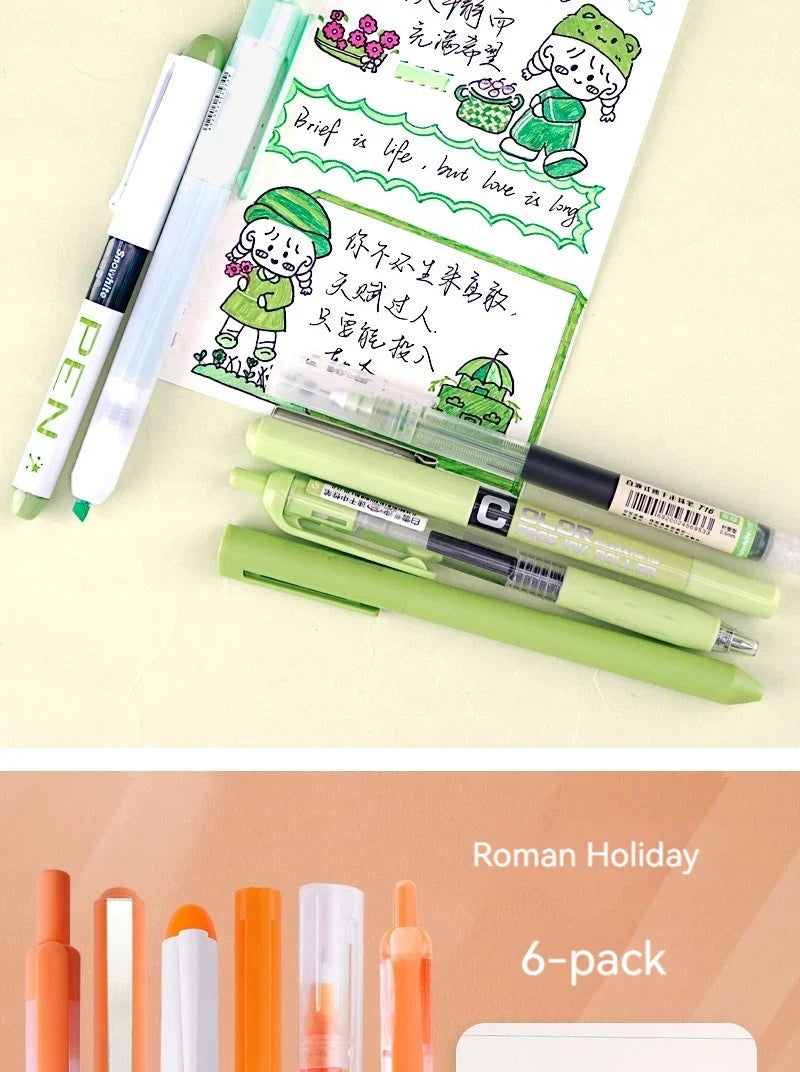 6pcs/set Roller Pen Purple / Pink / Green Color Ink Straight Liquid Gel Pen Ballpoint Pen for School Office Stationery Kawaii
