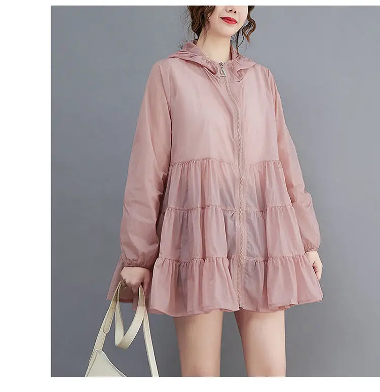 2023 Summer Thin Windbreaker New Sunscreen Clothes Mid-Long Female Breathable Shirt Oversize Jacket With Hooded Female Outerwear