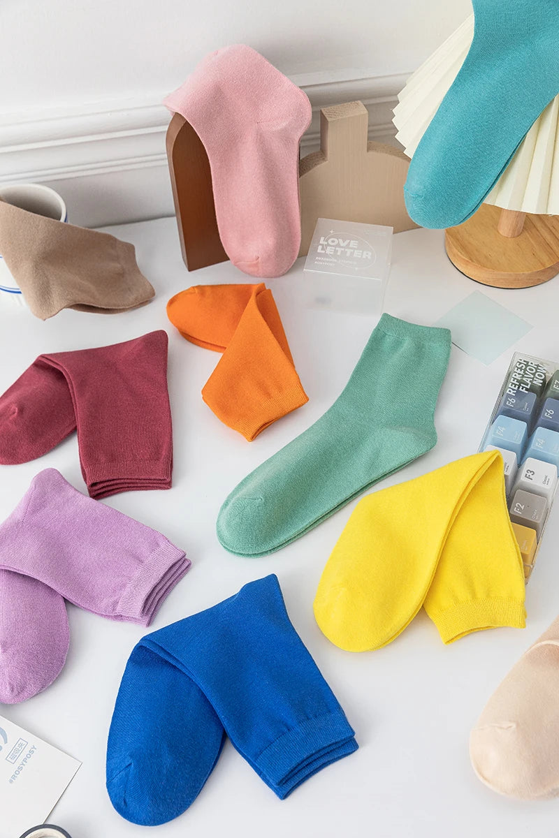 10 Pairs/Lot New Woman Cotton Socks Men Sock Solid Color Autumn Spring For Female's Soft Breathable Colorful Girl