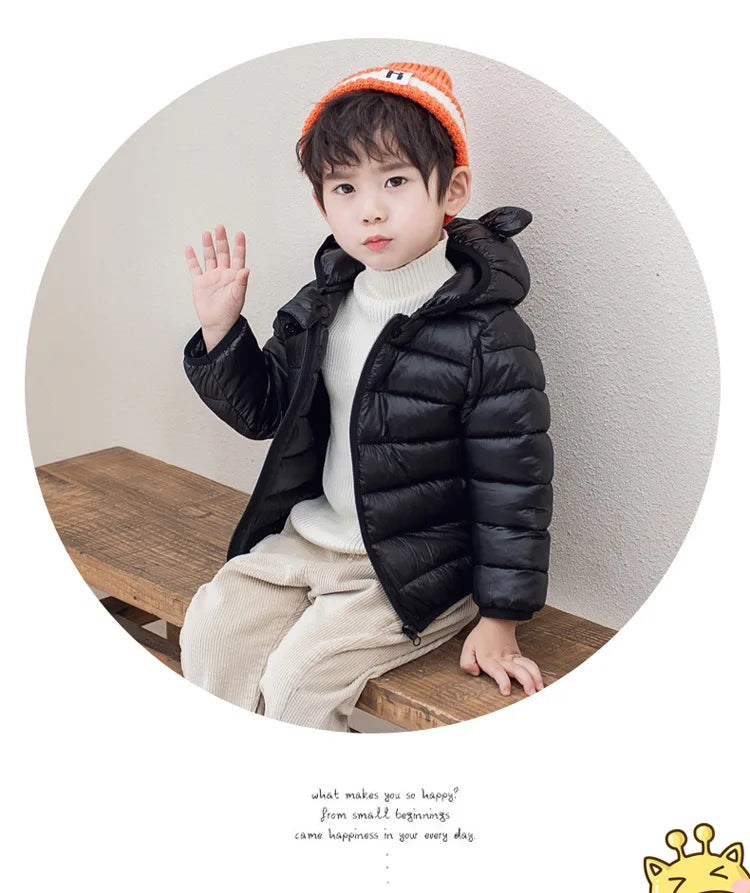 Cute Baby Girls Winter Clothes Kids Light Down Coats with Ear Hoodie Spring Girl Jacket Toddler Children Clothing for Boys Coat