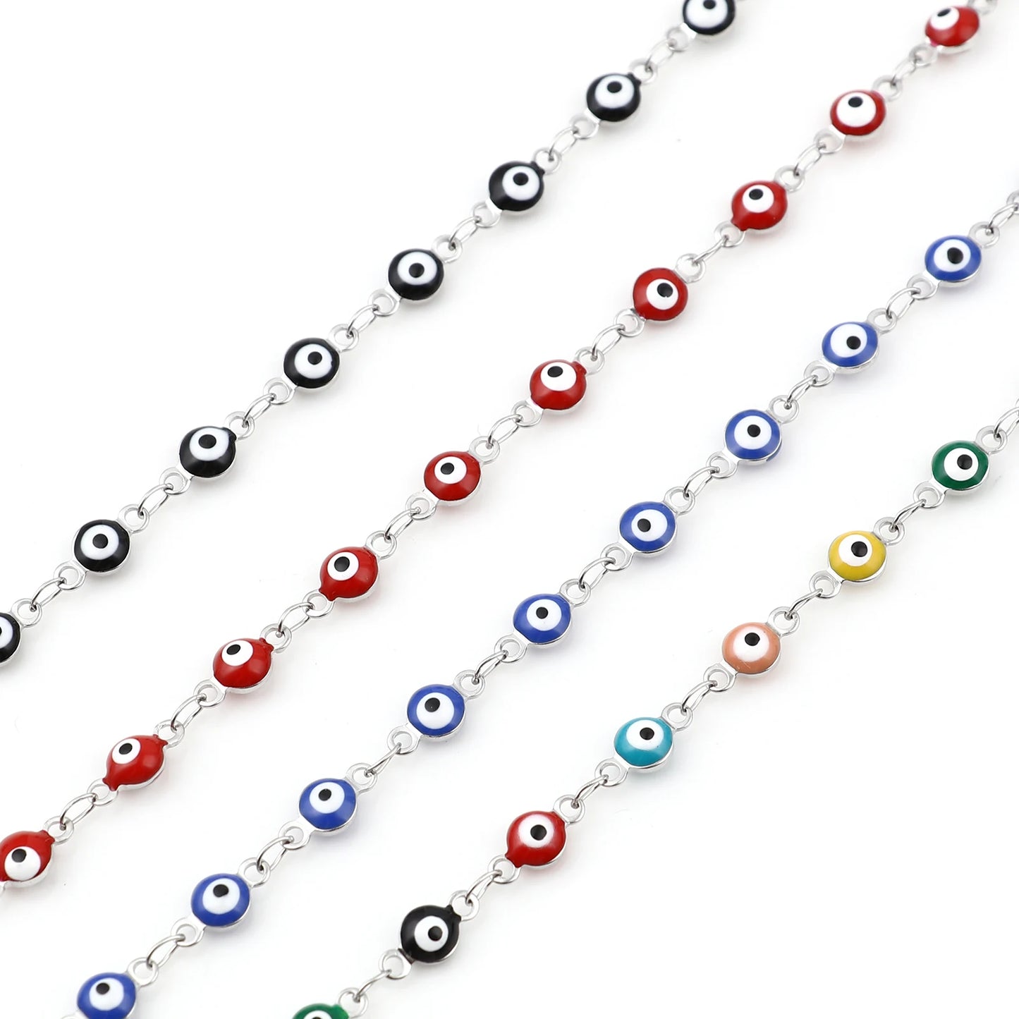 304 Stainless Steel Religious Evil Eye Bracelet Enamel Beads Link Chain Bracelet For Women Men Turkish Jewelry Bangle 19.5cm,1PC