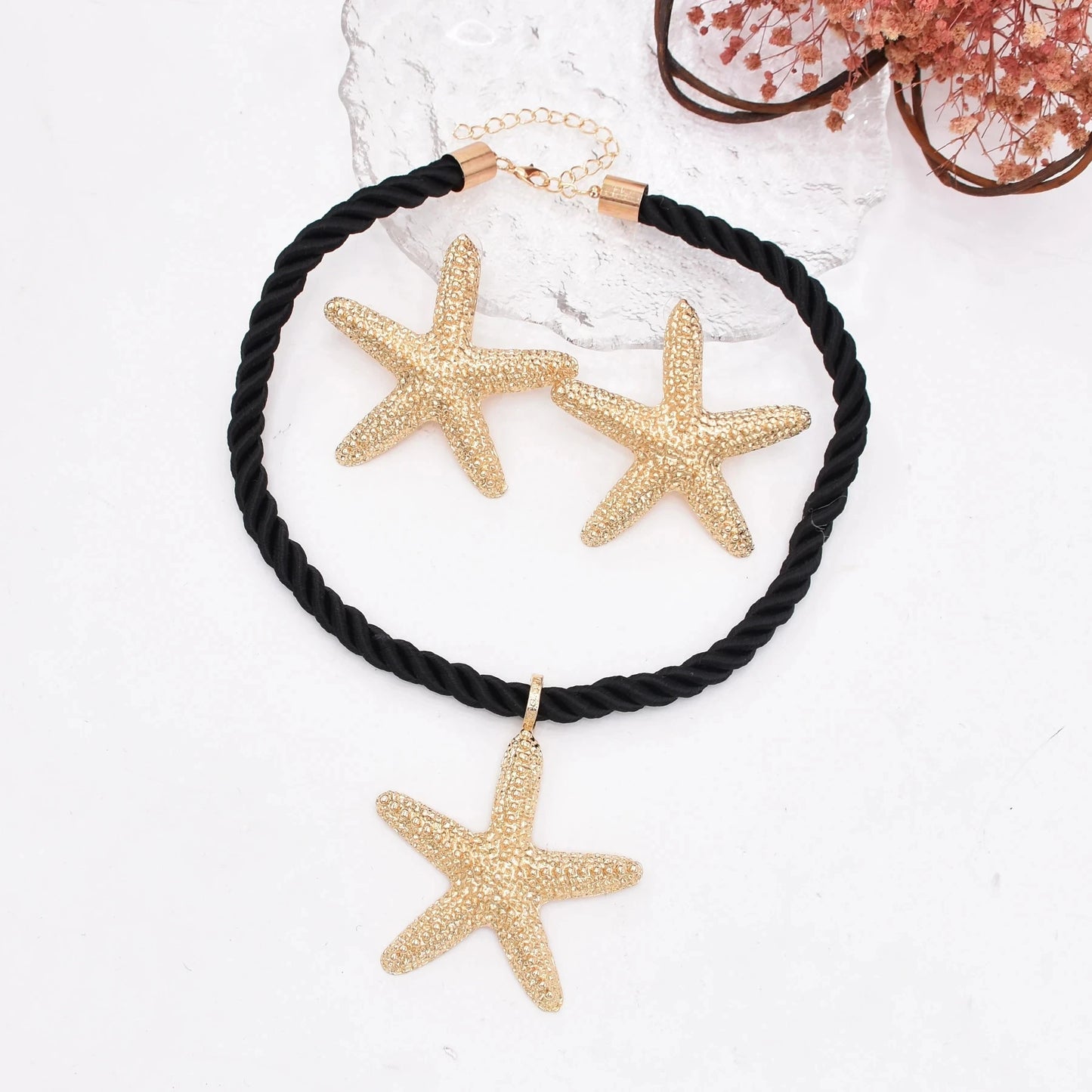 Golden Starfish Pendant Necklace Stud Earrings for Women Europ American Fashion Exaggerated Summer Marine Animal Jewelry Sets