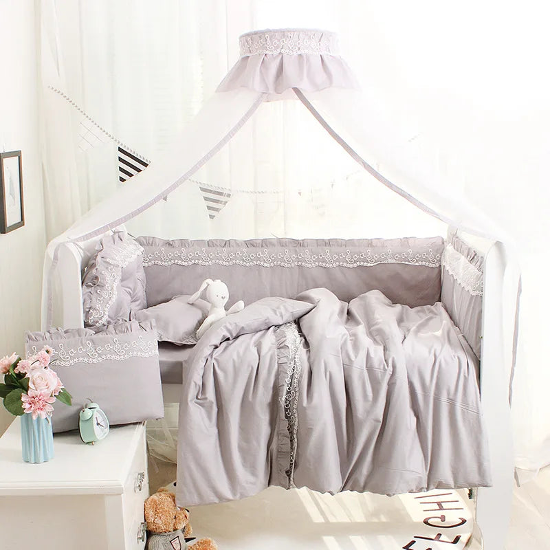 5PCS/Set Lace Crib Surround Solid Color Children's Bedding Kit Pure Cotton Thicken Baby Anti-collision Bed  Bumpers Sheet