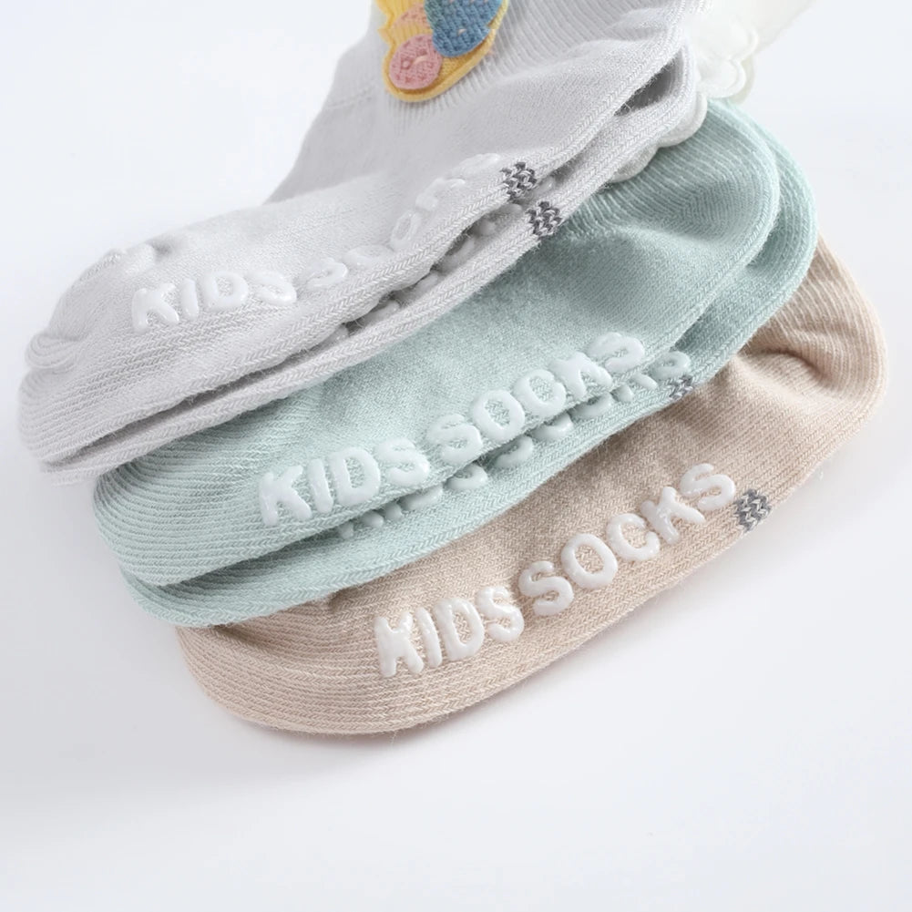 3PCS Spring Summer Baby Socks Solid Color Infant Baby Floor Socks for Boys Girls Bow Lace Cotton Anti-slip Boat Sock 0-5Years