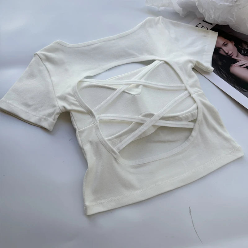 T-shirt Woman clothing Square Neckline tops Short Sleeve crop top with bras for women girls sexy street wear Backless top tees