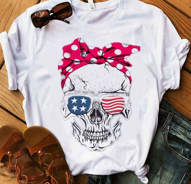 With Scarf Colorful Skull Head Print T Shirt Women Short Sleeve O Neck Loose Tshirt Women Causal Tee Shirt Tops Camisetas Mujer