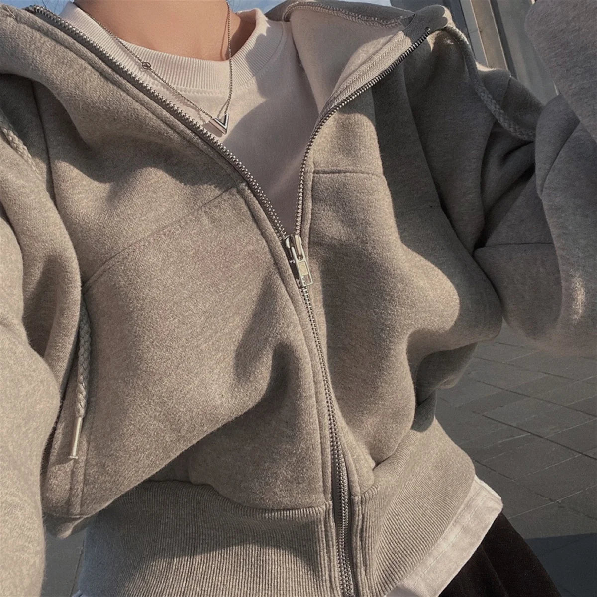 Women Casual Hoodies Autumn Retro Solid Color Zip Up Oversized Sweatshirts Harajuku Long Sleeve Hooded Loose Short Jackets Coat