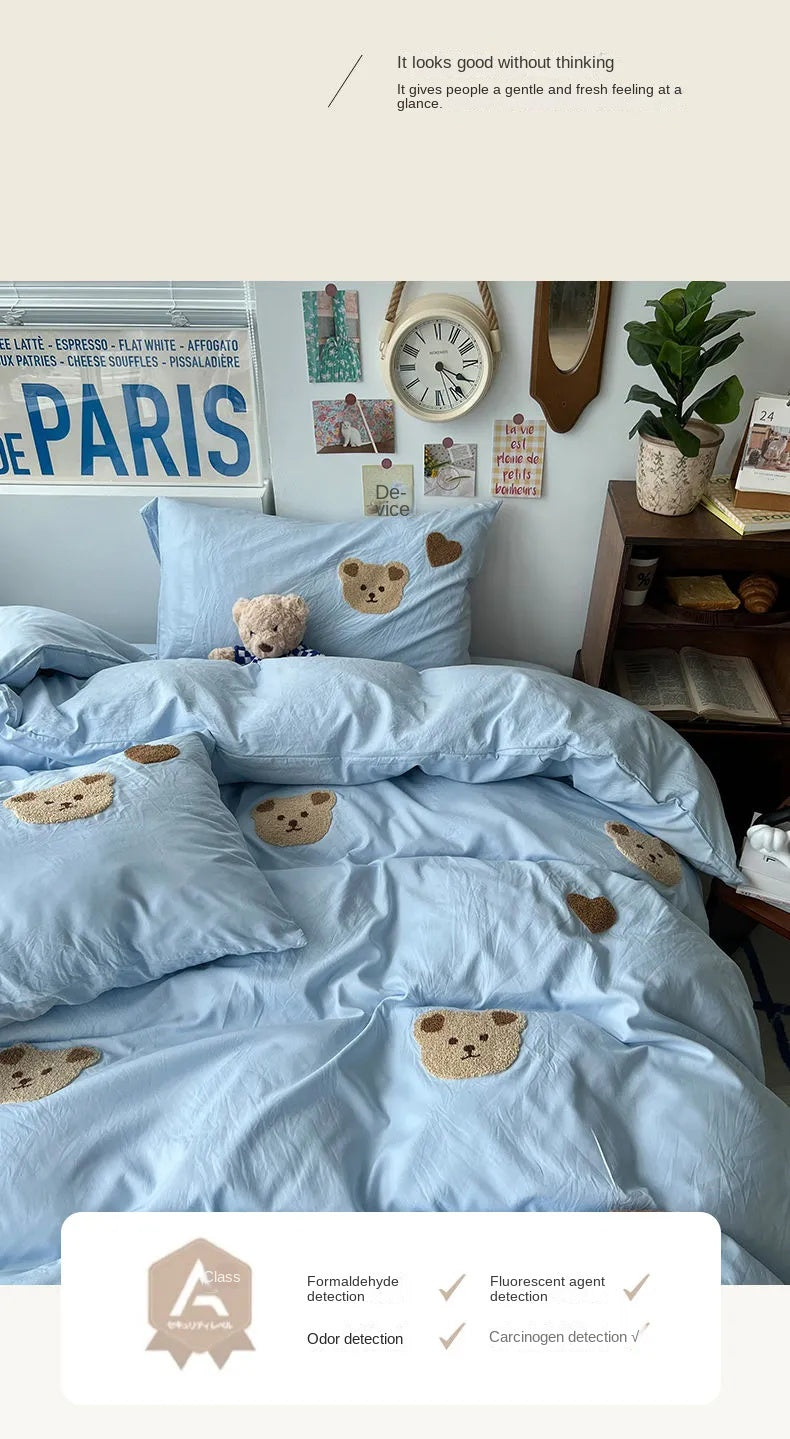 Solid Blue Bear Bedding Set Duvet Cover Queen Full Twin Size Bed Flat Sheet Kids Girls Room Decor Quilt Cover Pillowcase Kawaii