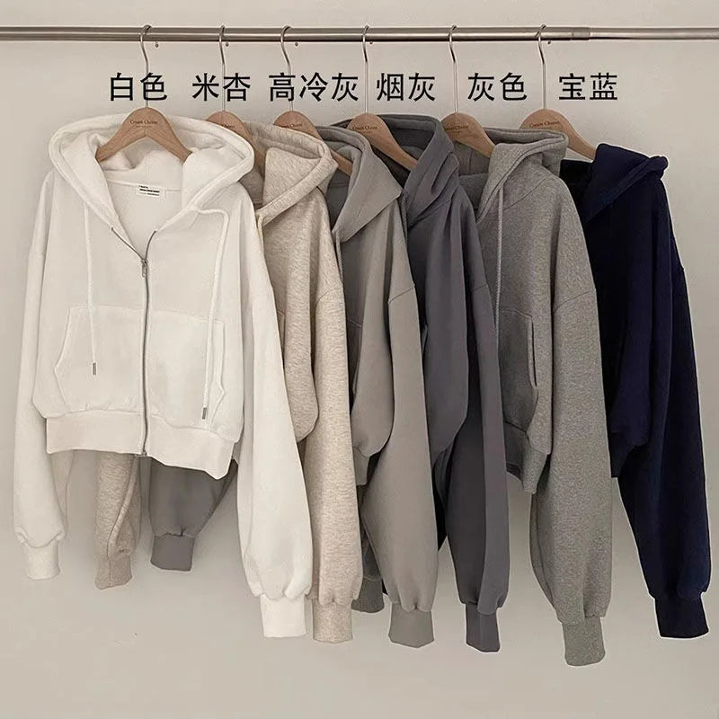 Women Casual Hoodies Autumn Retro Solid Color Zip Up Oversized Sweatshirts Harajuku Long Sleeve Hooded Loose Short Jackets Coat