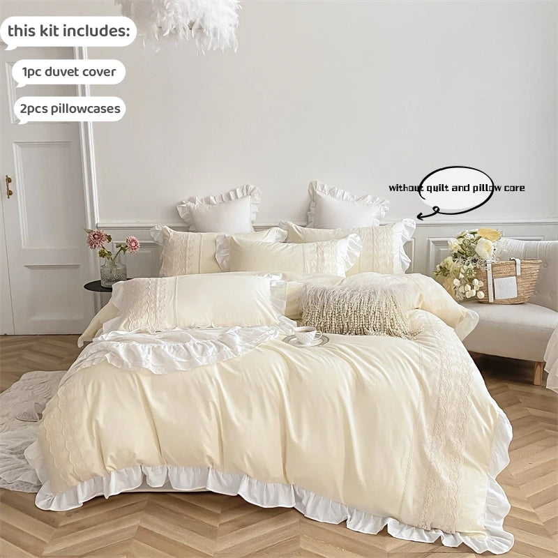 3pcs Princess style pillowcase set, duvet cover set with pillowcases, Lace bedding set, king and double, beige