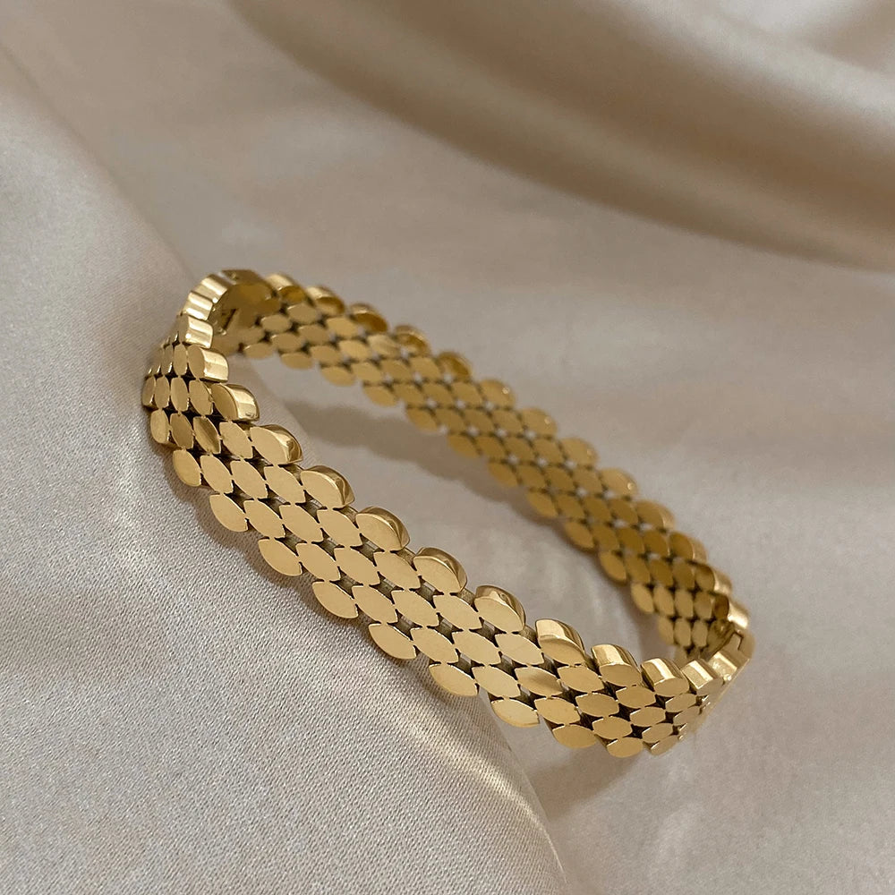 AENSOA 316L Stainless Steel High Quality Bubble Popcorn Shape Oval Bracelet Bangle Minimalist Metal Texture Rust Proof Jewelry