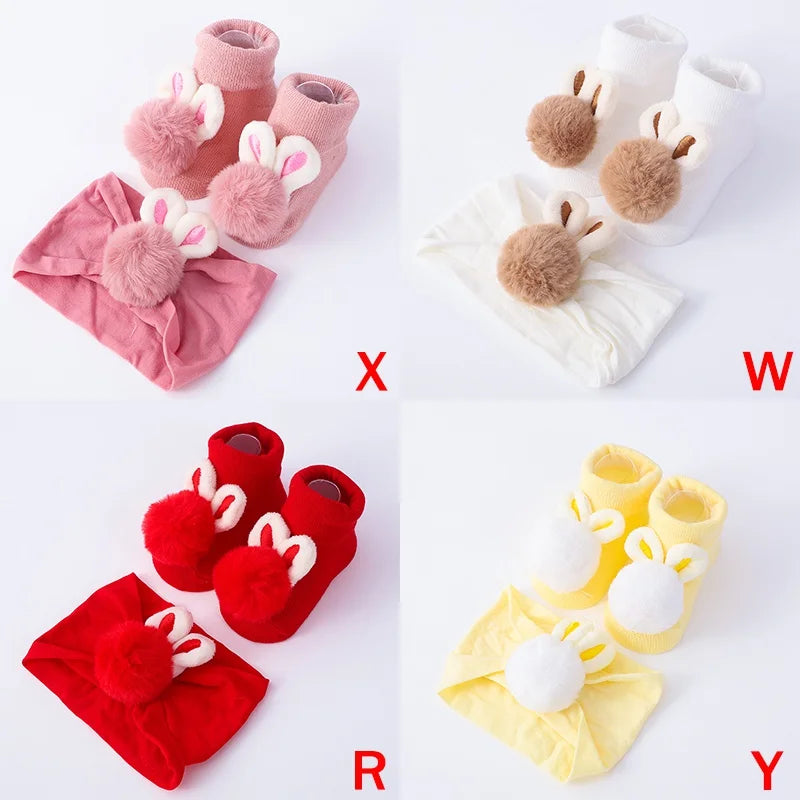 2Pcs Set Baby Socks Headband Cute Plush Ball Newborn Short Socks Cute Kids Baby Girl Hairbands Socks Photo Props