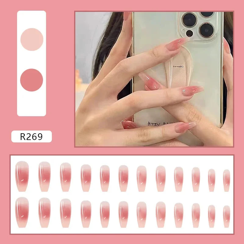 24Pcs Green Fake Nails Press on Nail Designs Art Long Tips False Forms with Glue Stick Stickers Reusable Set Acrylic Artificial