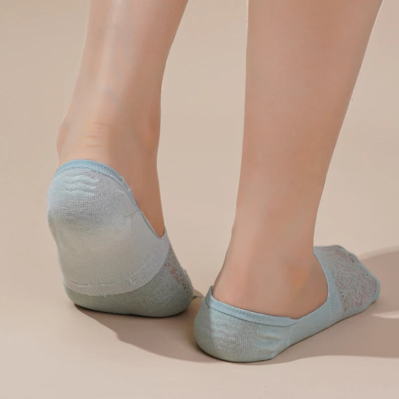 5 Pairs Women Cotton Low Cut Socks Solid Snowflake Softable Summer Silicone Non-slip Deep Mouth Prevent Heel Loss Slipper Socks