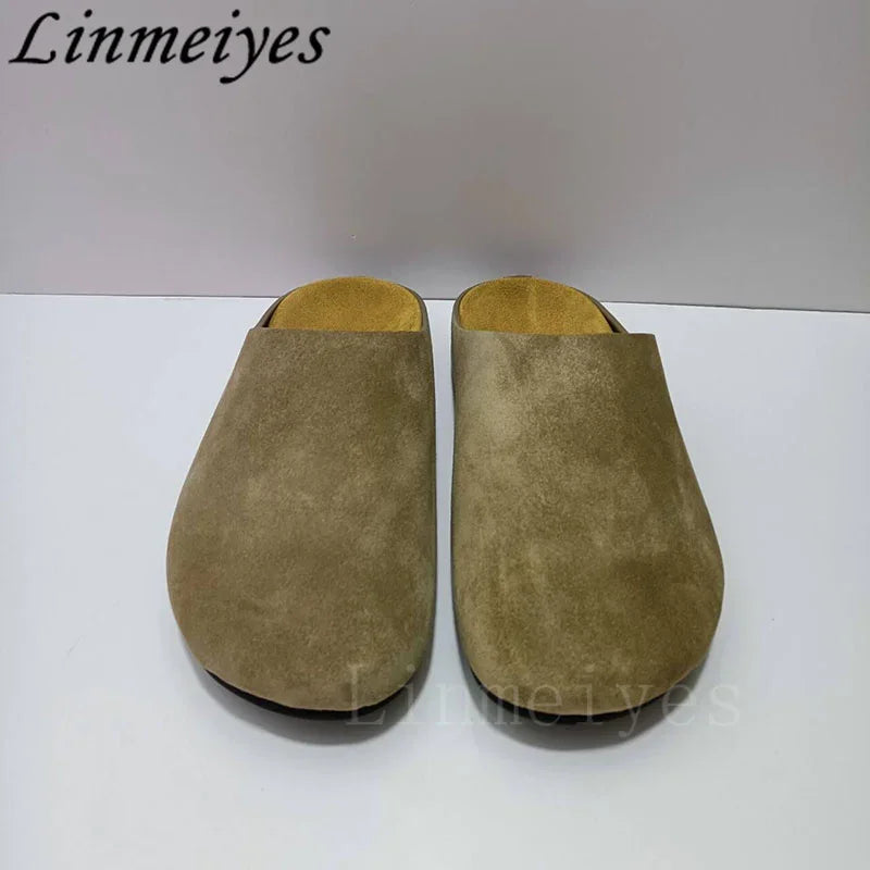 2024 New Flat Slippers Women High Quality Kid Suede Mules Shoes Round Toe Casual Comfort Slides Woman Thick Sole Slippers Woman