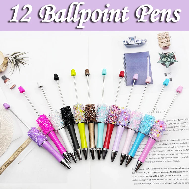 12Pcs Diamond Bead Pen DIY Beadable Ballpoint Pens Student Stationery Pens Writing Pen School Office Supplies