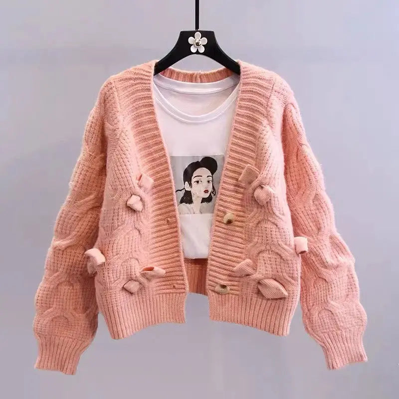 Women's Autumn and Winter Outerwear 2024 New Retro Japanese Style Lazy V-neck Bow Loose Knit Cardigan