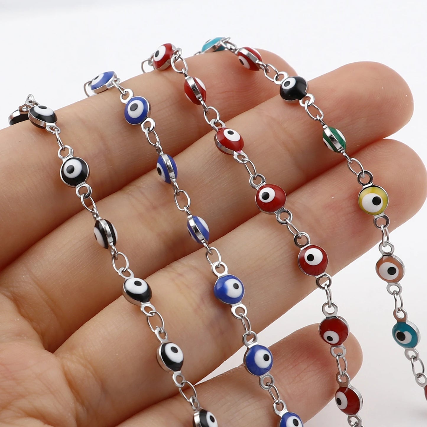 304 Stainless Steel Religious Evil Eye Bracelet Enamel Beads Link Chain Bracelet For Women Men Turkish Jewelry Bangle 19.5cm,1PC