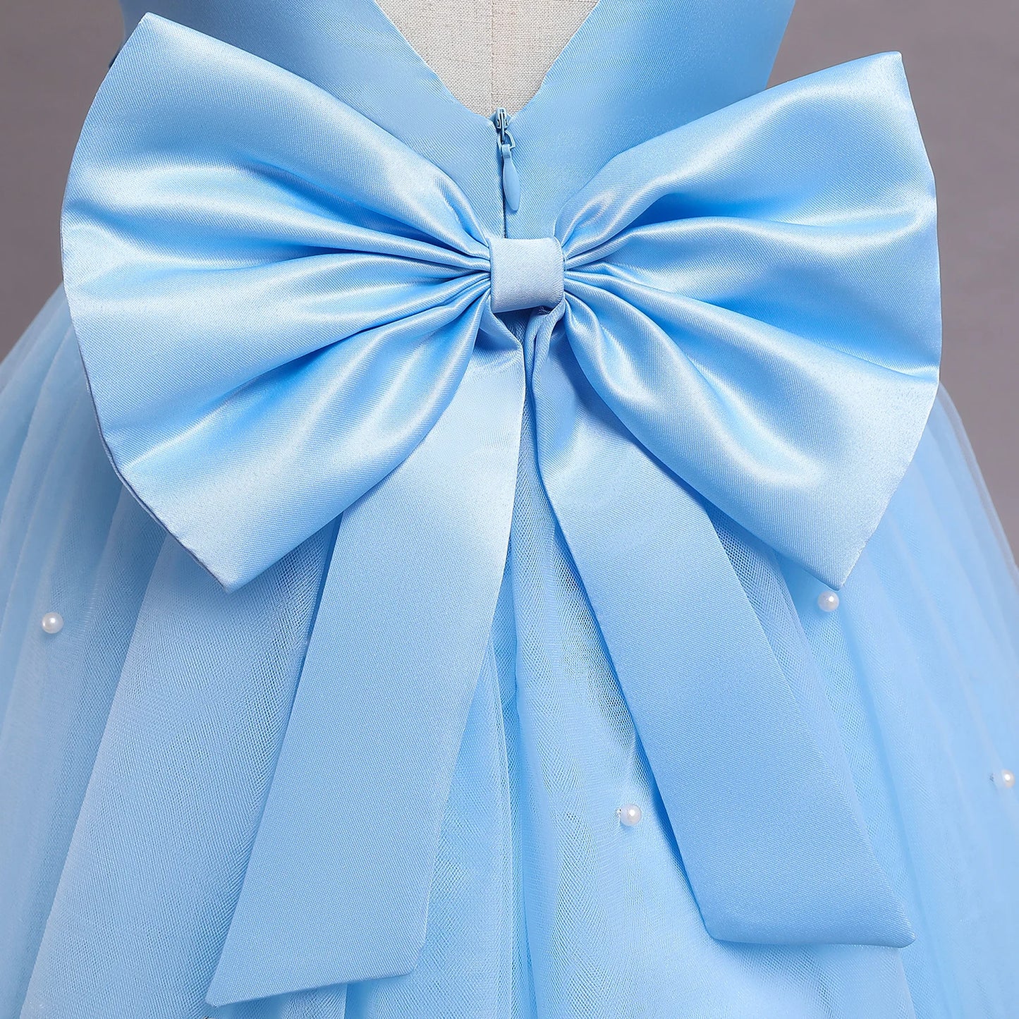 Toddler Girl Blue Beaded Tutu Gown 1-5 Years Baby Girl Birthday Party Dress Little Girl V-Back Bow Tulle Clothes Infant Costume