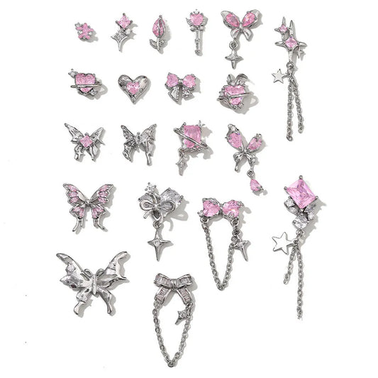 5 Pcs Zircon Pink Nail Charms Wholesale Luxury Diamond Inlaid 3D Bow Heart Butterfly Nail Charms Chain Manicure Accessories